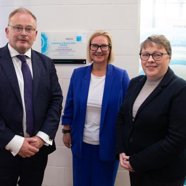 Babcock CEO David Lockwood, Jackie Grubb, Principal of City College Plymouth and the Rt Hon Maria Eagle MP at the opening of the Engineering & Nuclear Skills building at City College Plymouth